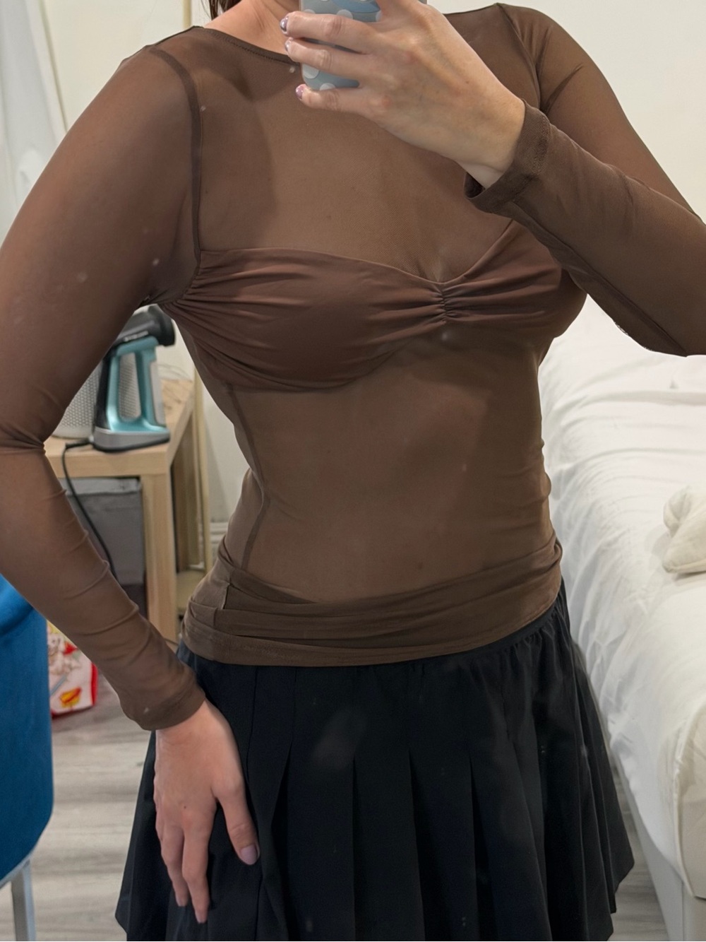 Sheer Brown Long Sleeve Mesh Top